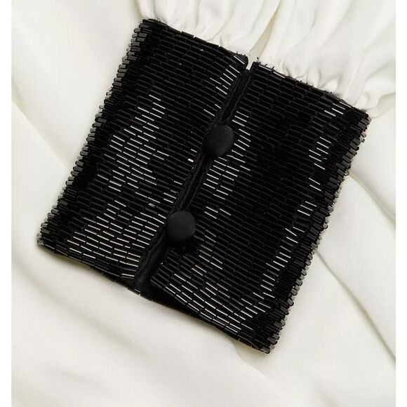 NEW RAMY BROOK IVORY SELENA WRAP FRONT SEQUIN BEADED CUFFS SATIN BODYSUIT TOP M - Picture 4 of 6